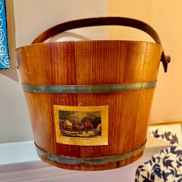 Antique Swing Handle Wood Firkin Bucket with Currier & Ives Print - Picture 2 of 11
